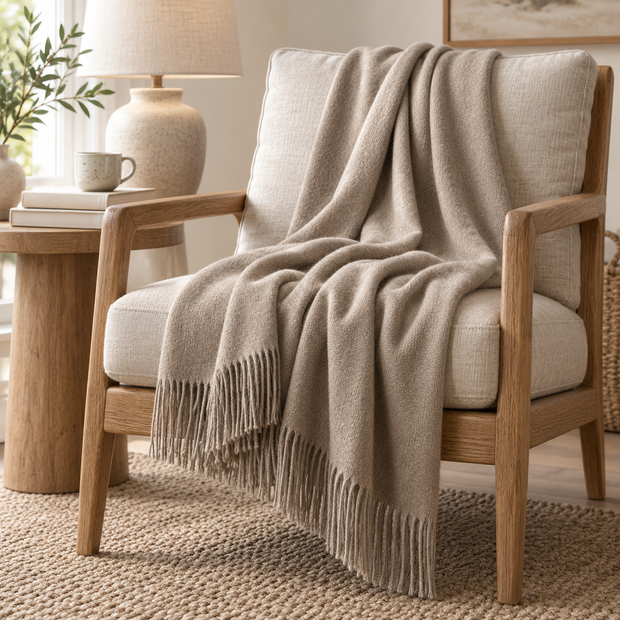 Beige Brown Fine Knit Tasseled Throw Blanket - Della – styled view 2