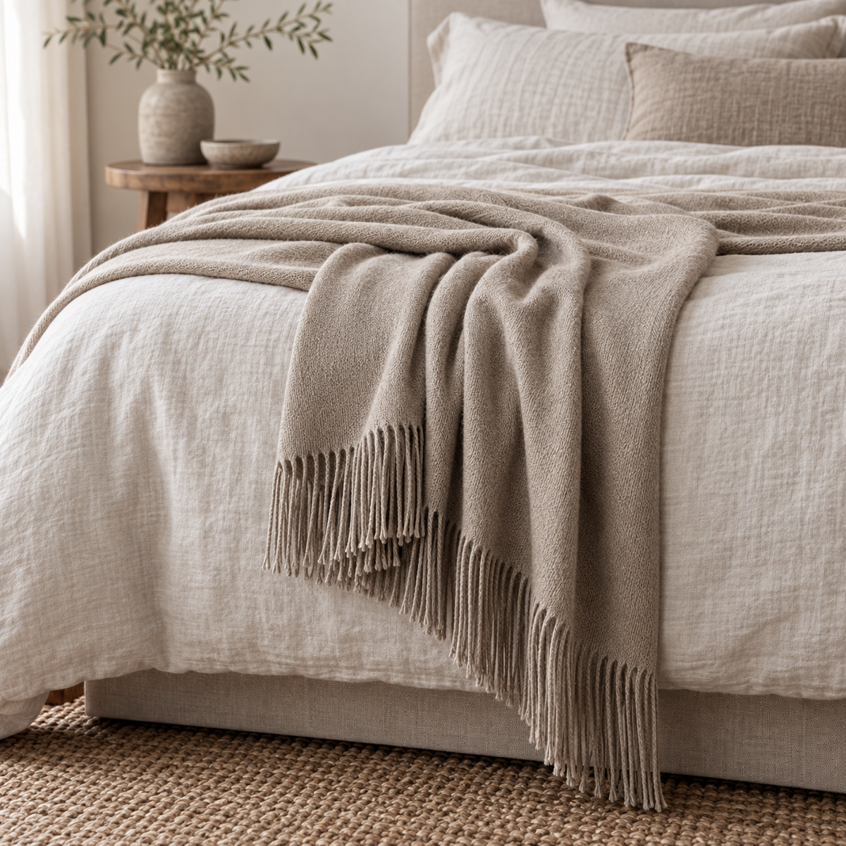 Ellenvale Beige Brown fine knit tasseled throw blanket from Della, soft furnishings with tassel details and cozy texture.
