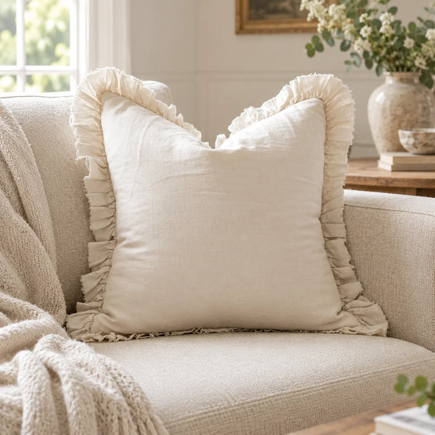 Hallie Cream Neutral Square Luxury Linen Ruffled Edge Cushion Cover – styled view 1