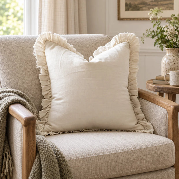 Hallie Cream Neutral Square Luxury Linen Ruffled Edge Cushion Cover – styled view 2