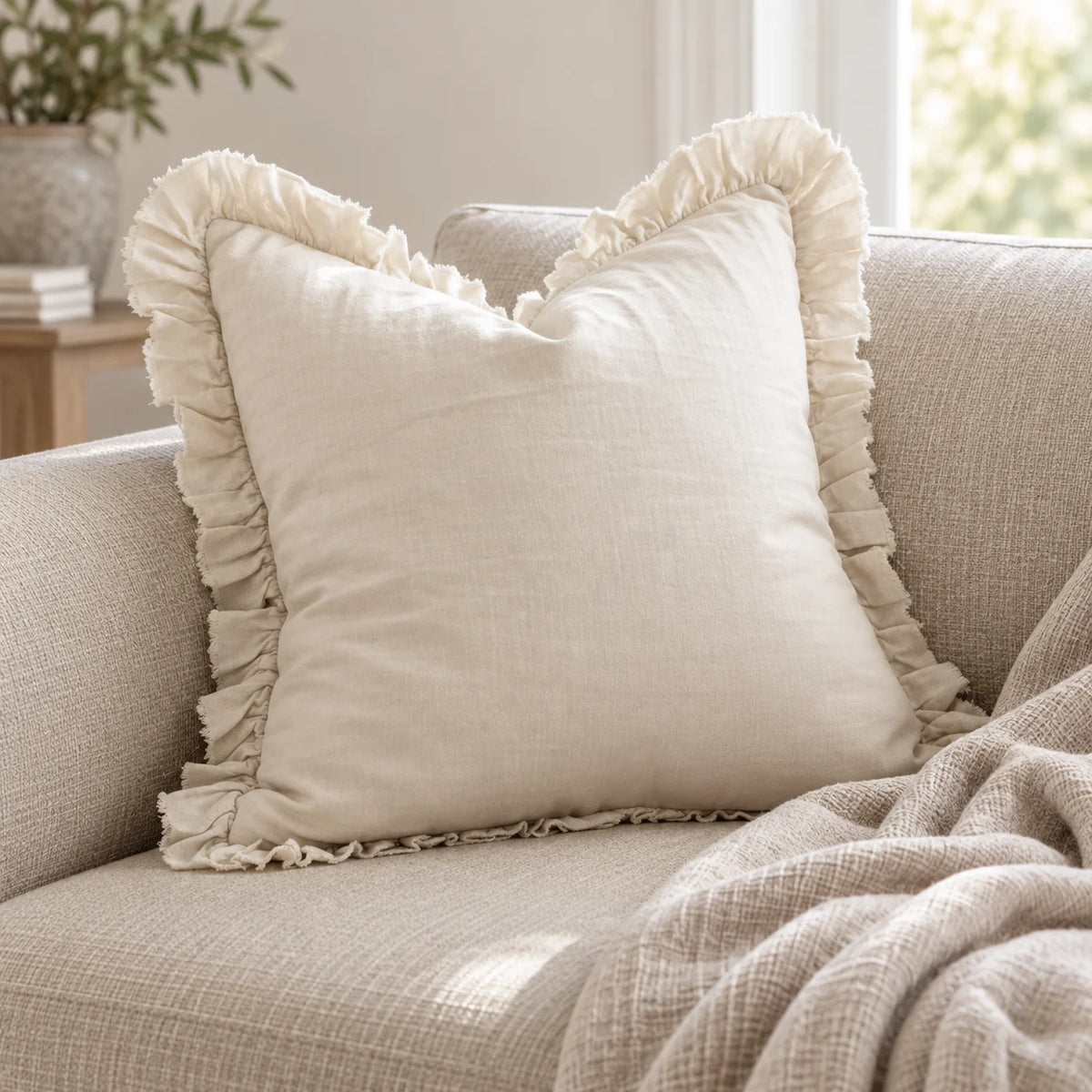 Hallie Cream Neutral Square Luxury Linen Ruffled Edge Cushion Cover – styled view 3