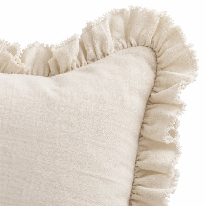 Hallie Cream Neutral Square Luxury Linen Ruffled Edge Cushion Cover – fabric detail 1