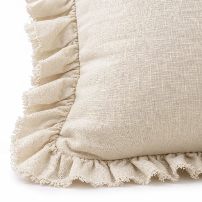 Hallie Cream Neutral Square Luxury Linen Ruffled Edge Cushion Cover – fabric detail 3