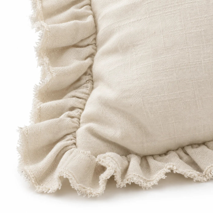 Hallie Cream Neutral Square Luxury Linen Ruffled Edge Cushion Cover – fabric detail 4