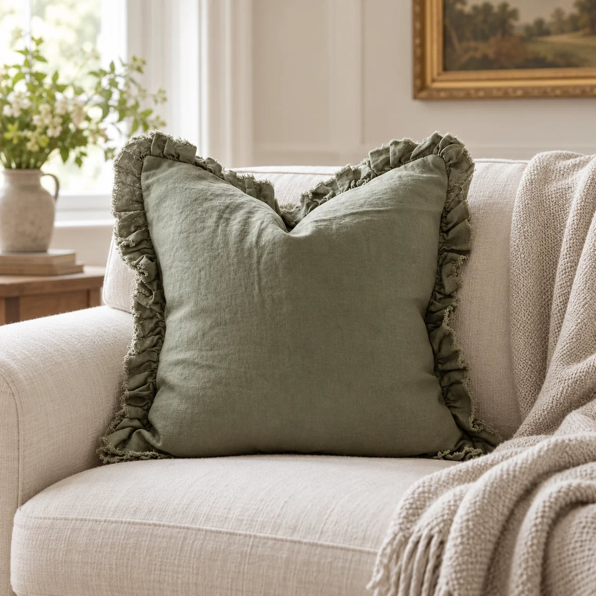 Olive Green Square Hallie Ruffled Edge Linen Cushion Cover – styled view 1