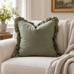 Olive Green Square Hallie Ruffled Edge Linen Cushion Cover – styled view 1