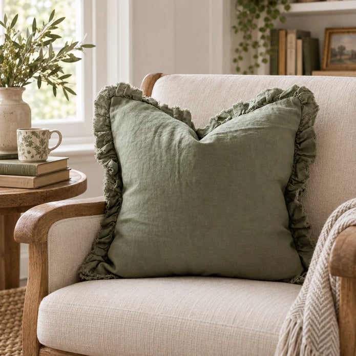Olive Green Square Hallie Ruffled Edge Linen Cushion Cover – styled view 2