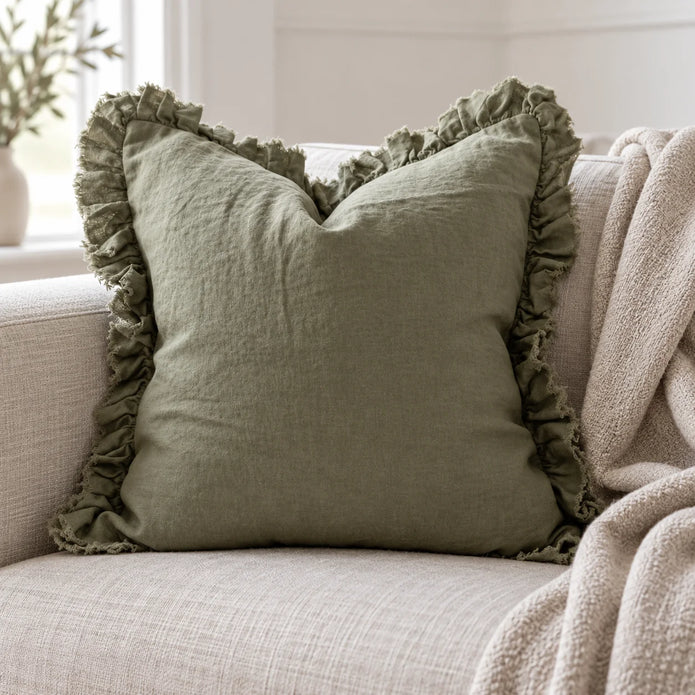 Olive Green Square Hallie Ruffled Edge Linen Cushion Cover – styled view 3