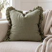 Olive Green Square Hallie Ruffled Edge Linen Cushion Cover – styled view 3