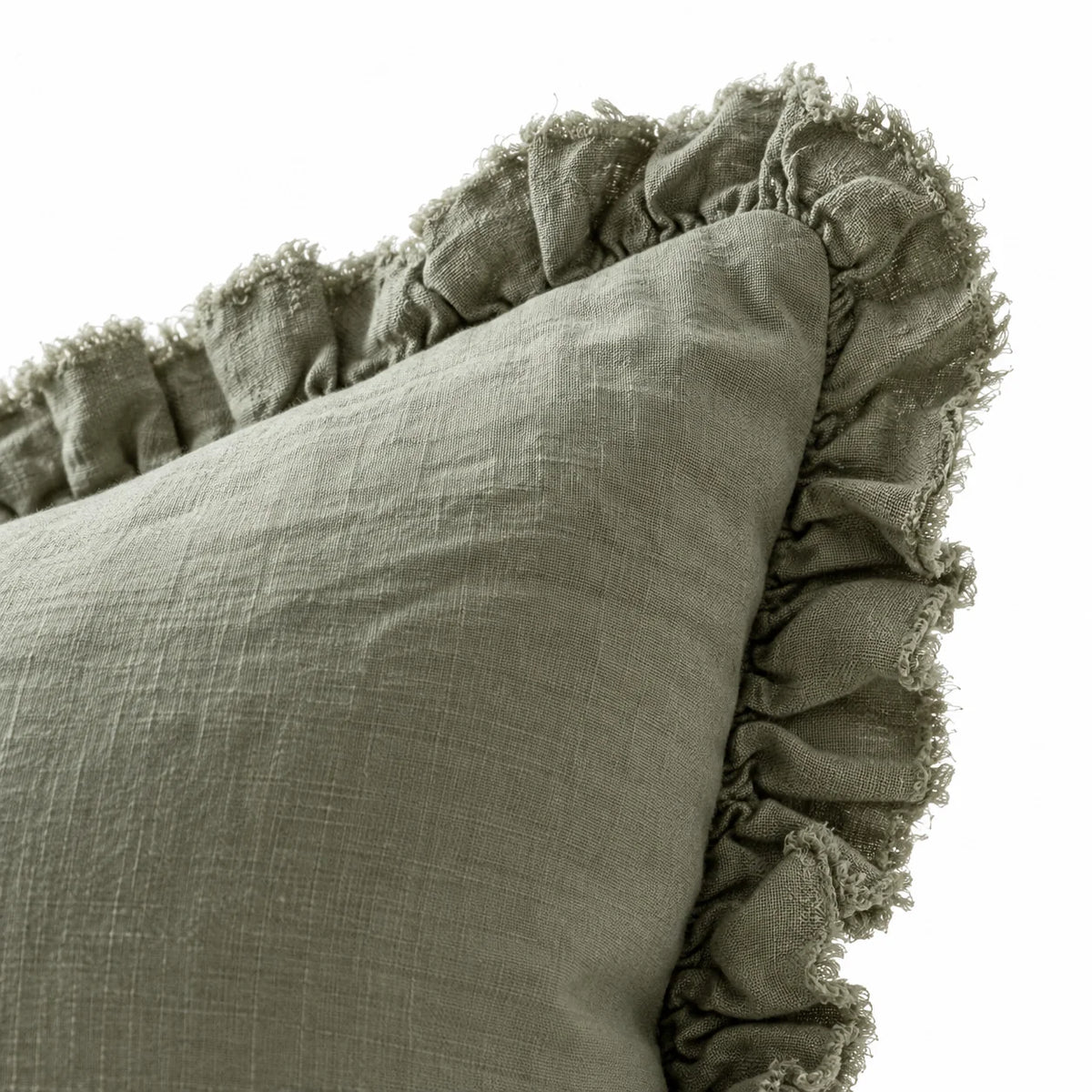 Olive Green Square Hallie Ruffled Edge Linen Cushion Cover – fabric detail 1