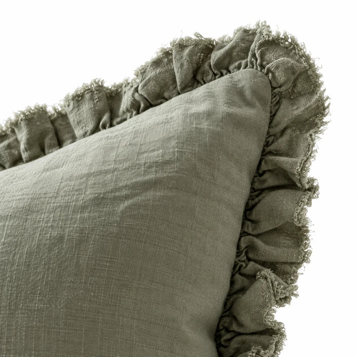 Olive Green Square Hallie Ruffled Edge Linen Cushion Cover – fabric detail 1
