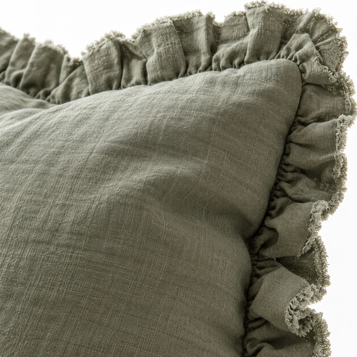 Olive Green Square Hallie Ruffled Edge Linen Cushion Cover – fabric detail 2