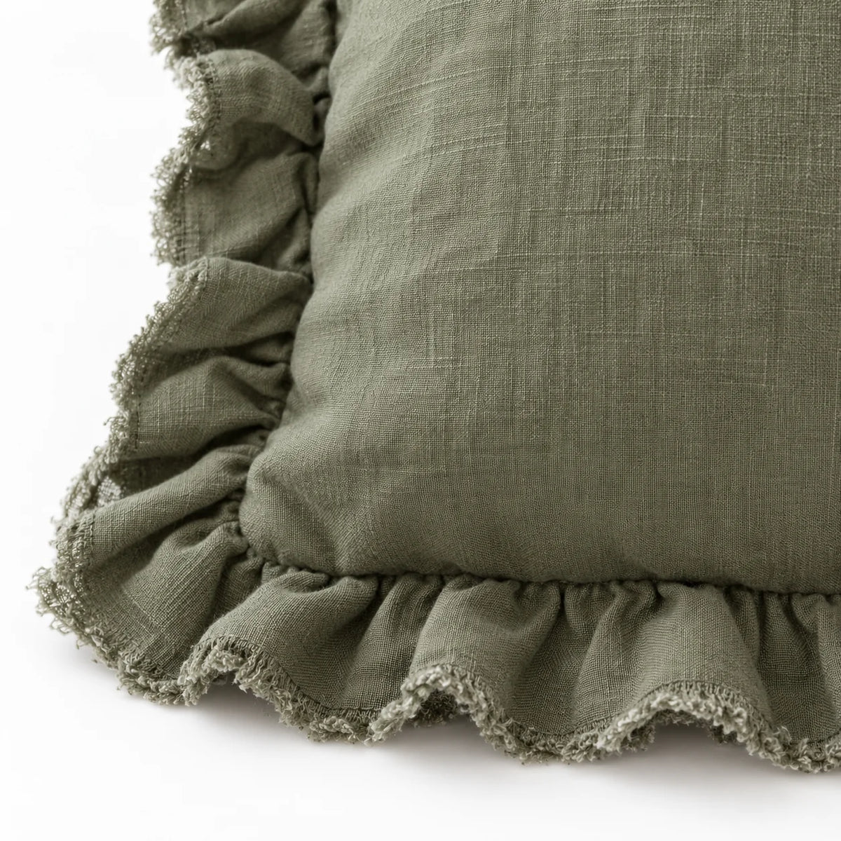 Olive Green Square Hallie Ruffled Edge Linen Cushion Cover – fabric detail 3