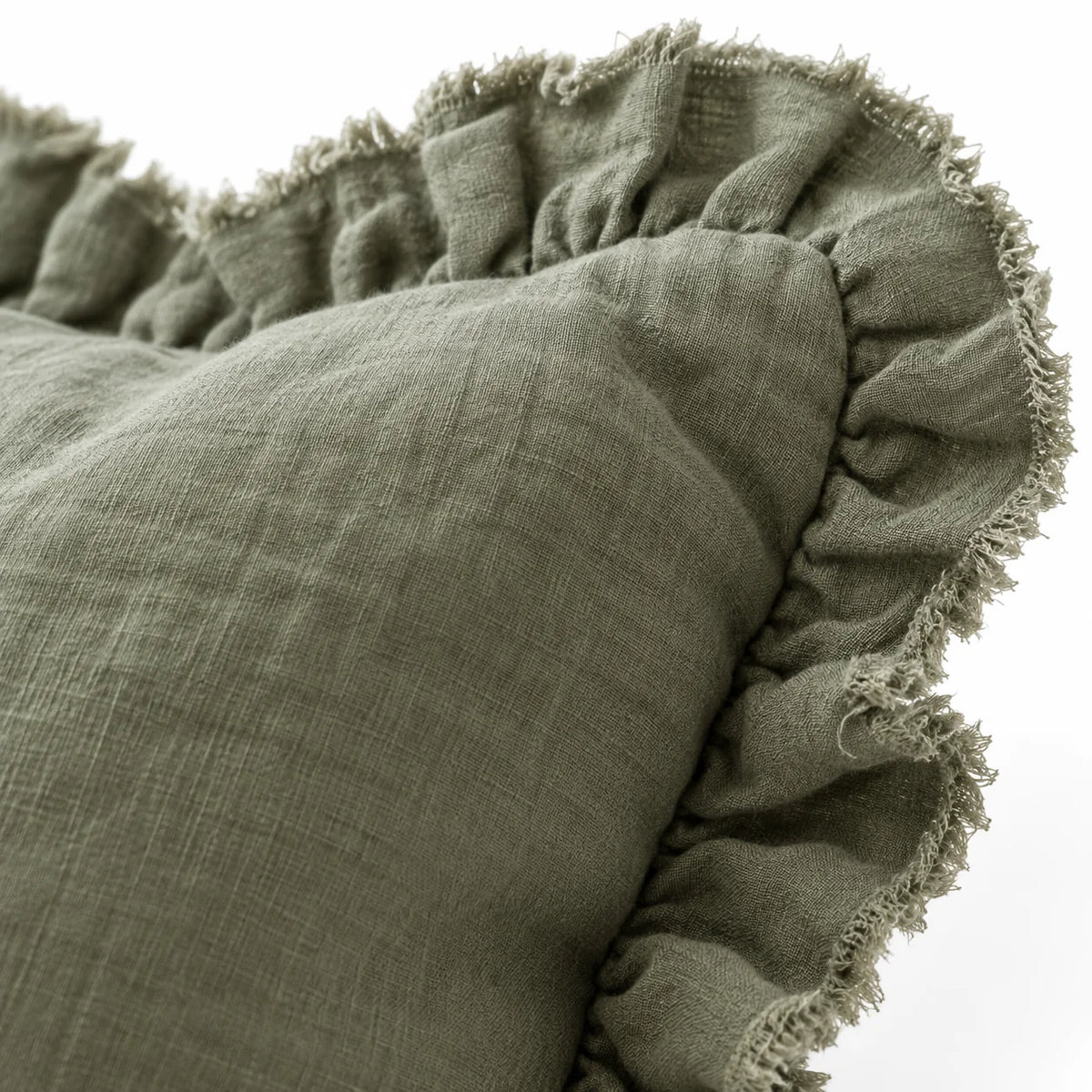 Olive Green Square Hallie Ruffled Edge Linen Cushion Cover – fabric detail 4