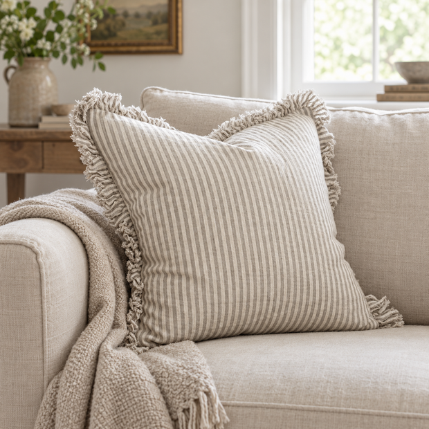 Hallie Natural Beige Square Pinstripe Cushion Cover – styled view 1
