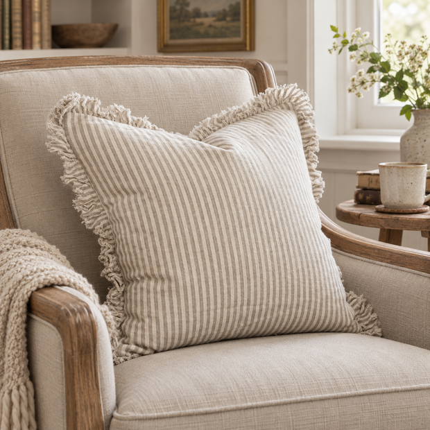 Hallie Natural Beige Square Pinstripe Cushion Cover – styled view 2
