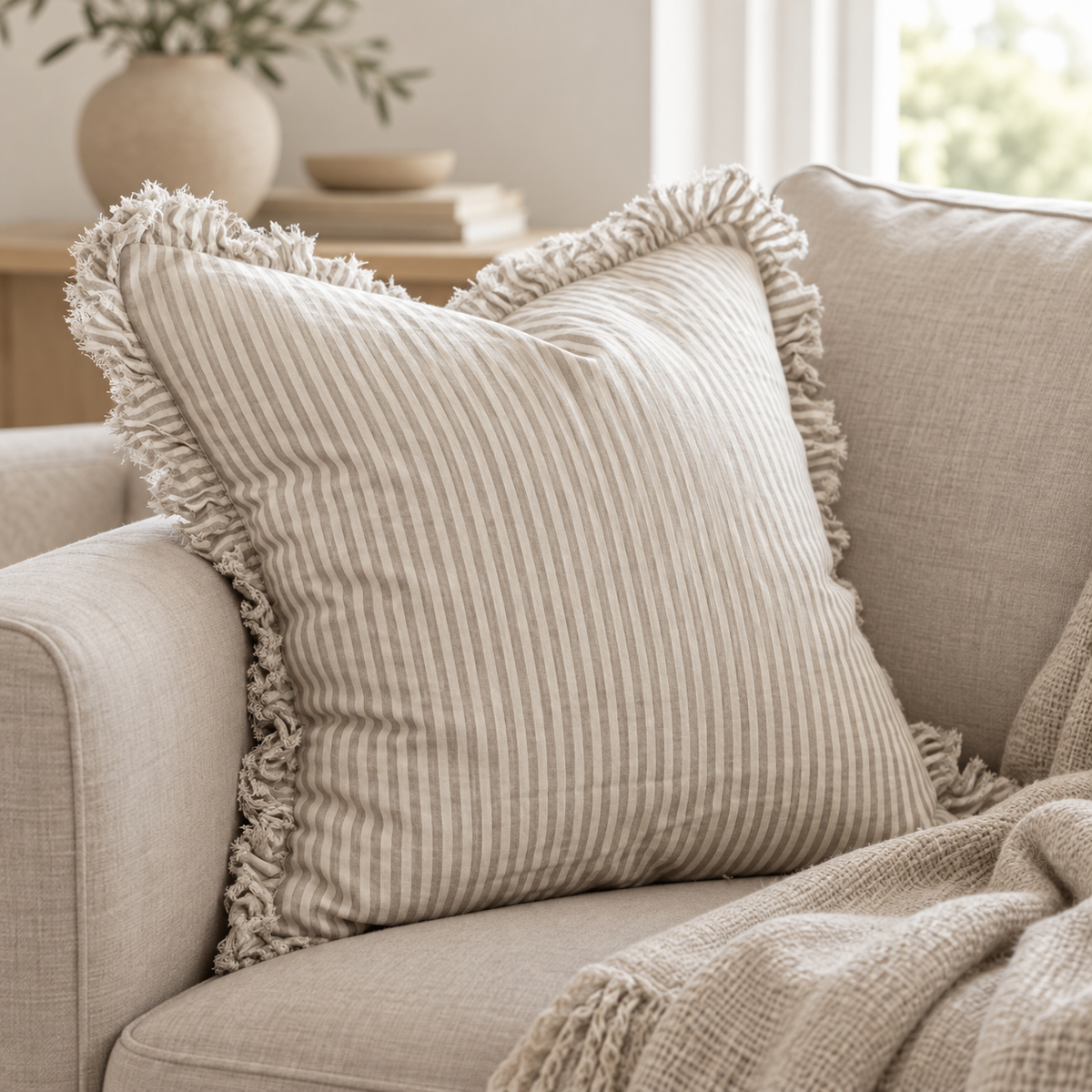 Hallie Natural Beige Square Pinstripe Cushion Cover – styled view 3