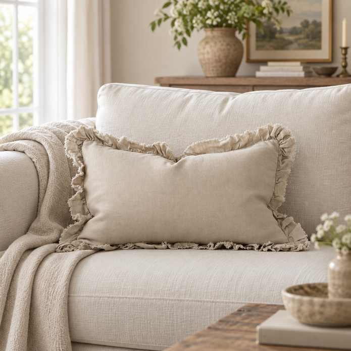 Beige Neutral Luxury Linen Ruffled Edge Cushion Cover – styled view 1