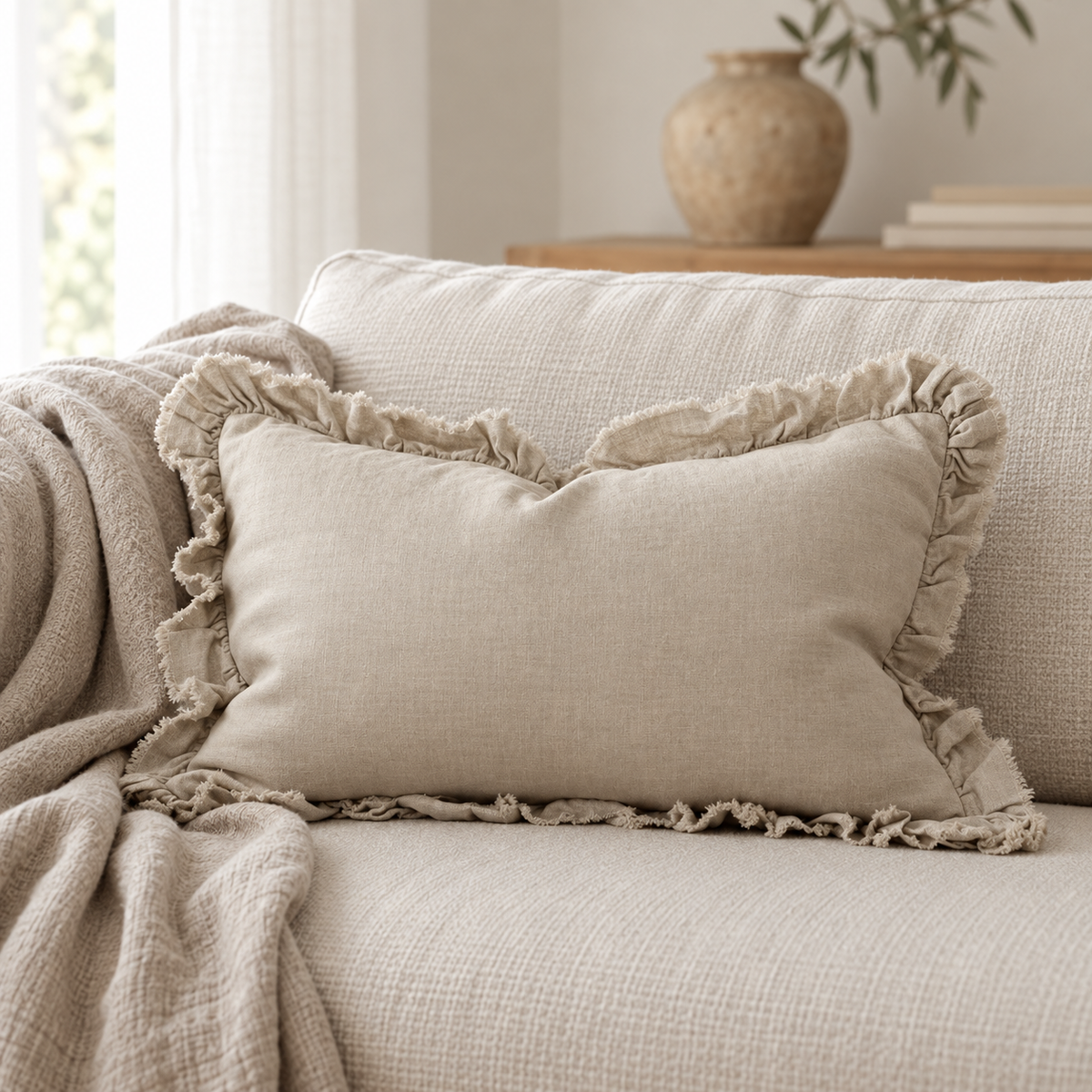 Beige Neutral Luxury Linen Ruffled Edge Cushion Cover – styled view 3