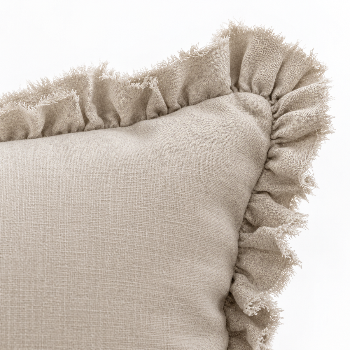 Beige Neutral Luxury Linen Ruffled Edge Cushion Cover – fabric detail 1