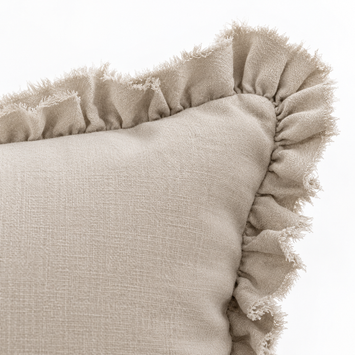 Beige Neutral Luxury Linen Ruffled Edge Cushion Cover – fabric detail 1