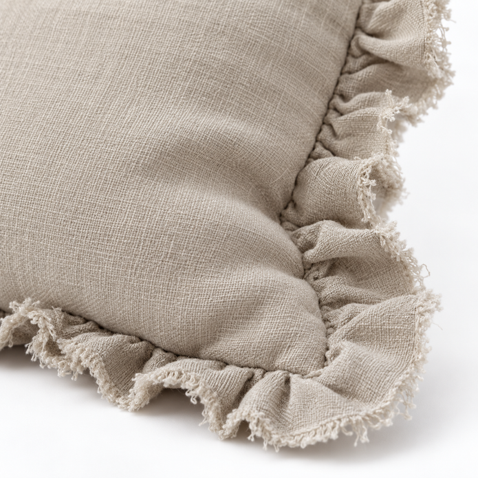 Beige Neutral Luxury Linen Ruffled Edge Cushion Cover – fabric detail 2