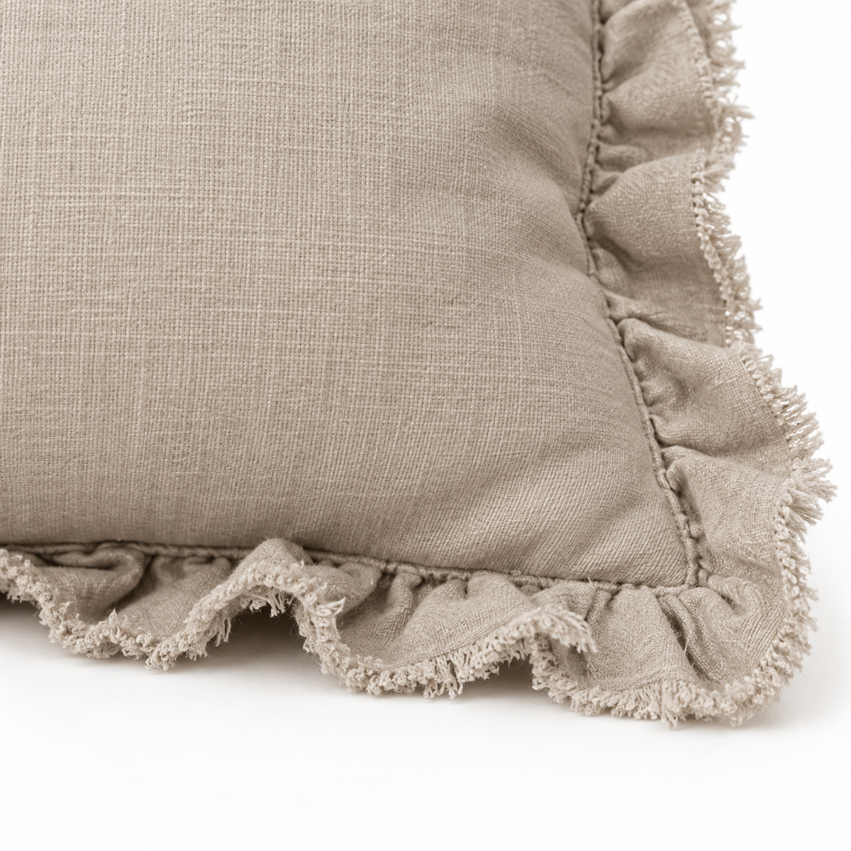 Beige Neutral Luxury Linen Ruffled Edge Cushion Cover – fabric detail 3