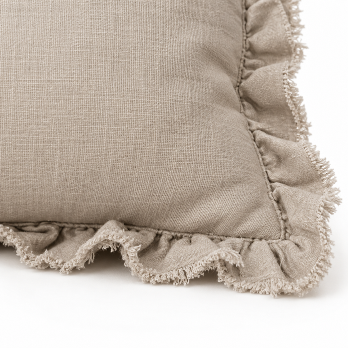 Beige Neutral Luxury Linen Ruffled Edge Cushion Cover – fabric detail 3