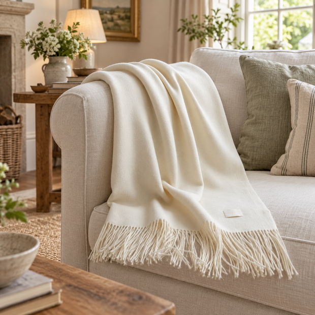 Della Cream Soft Fine Knit Luxury Throw – styled view 1
