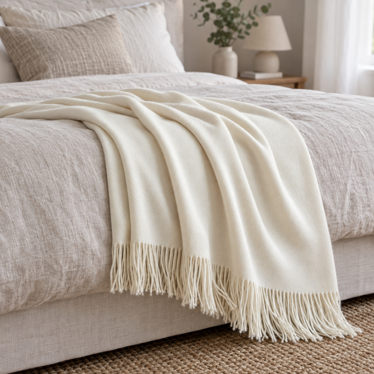 Ellenvale Della Cream soft luxury throw blanket with fine knit texture, cozy and elegant for living room or bedroom decor.