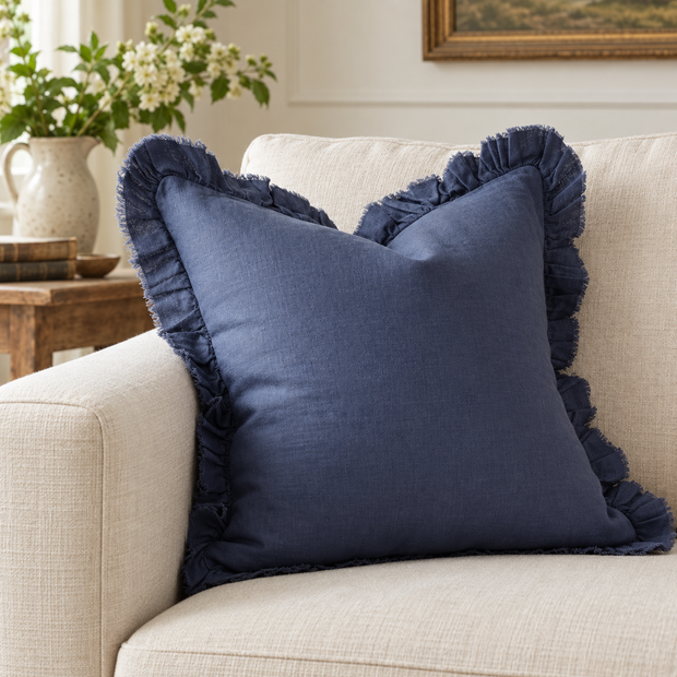 Hallie Navy Blue Luxury Linen Ruffled Edge Cushion Cover – styled view 1