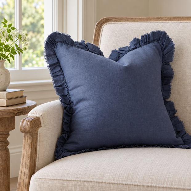Hallie Navy Blue Luxury Linen Ruffled Edge Cushion Cover – styled view 2