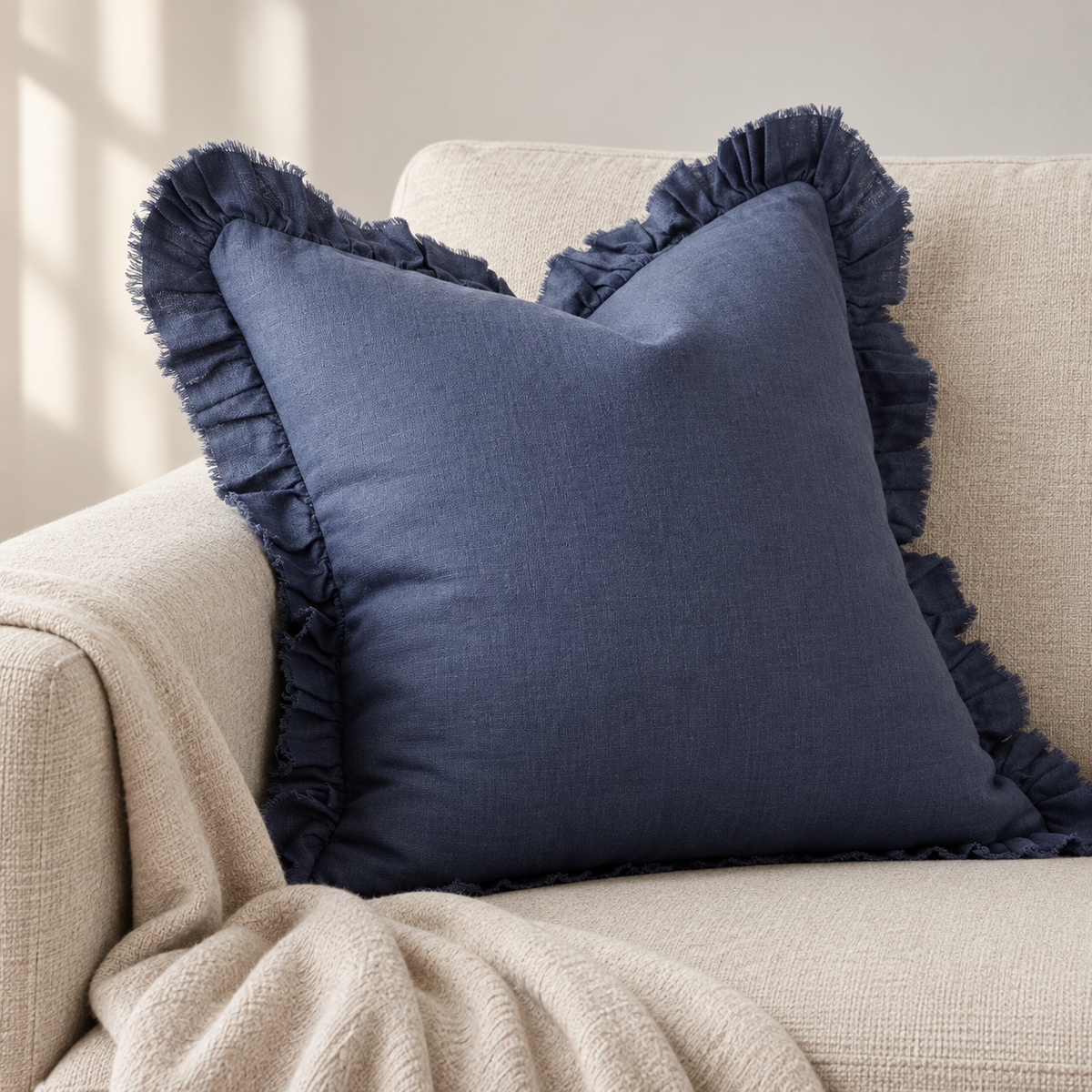 Hallie Navy Blue Luxury Linen Ruffled Edge Cushion Cover – styled view 3