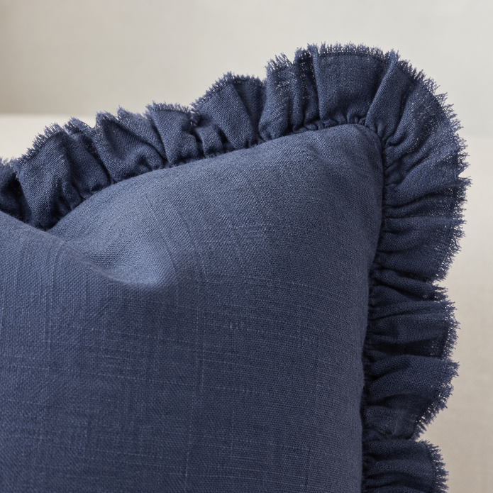 Hallie Navy Blue Luxury Linen Ruffled Edge Cushion Cover – fabric detail 1