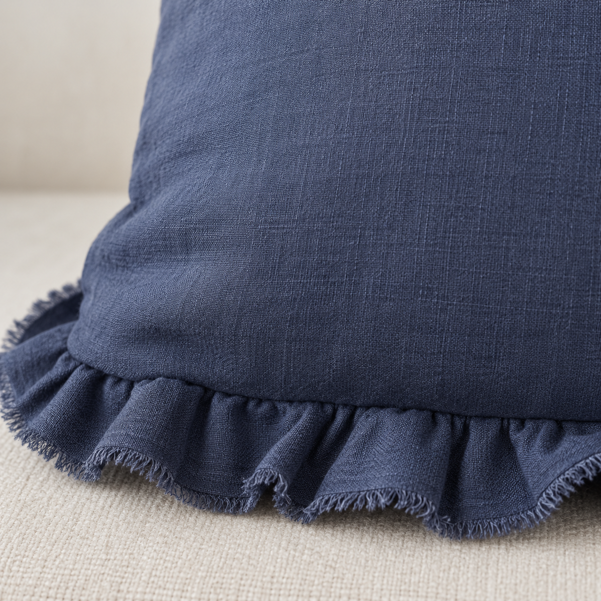 Hallie Navy Blue Luxury Linen Ruffled Edge Cushion Cover – fabric detail 3