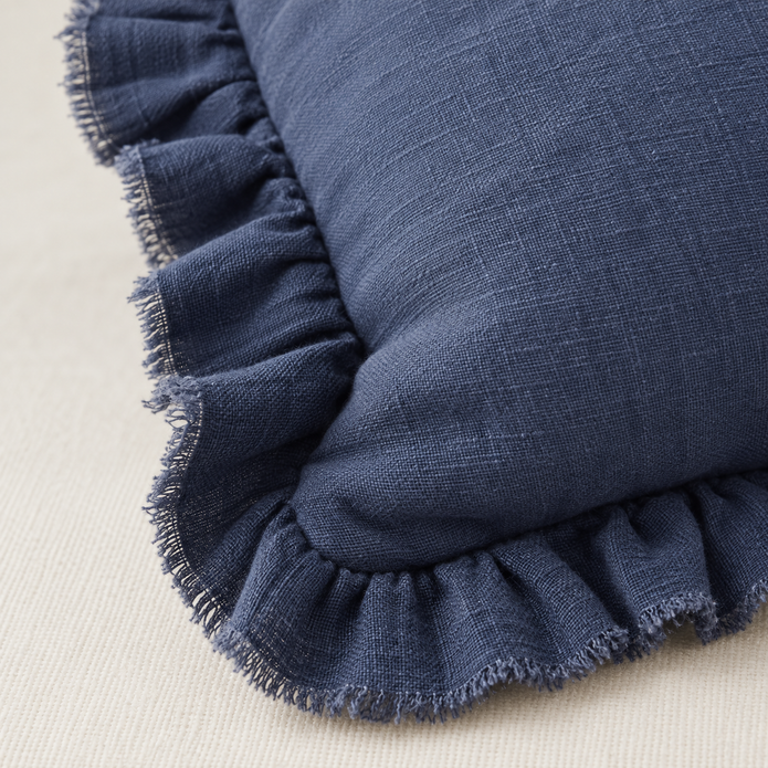Hallie Navy Blue Luxury Linen Ruffled Edge Cushion Cover – fabric detail 4
