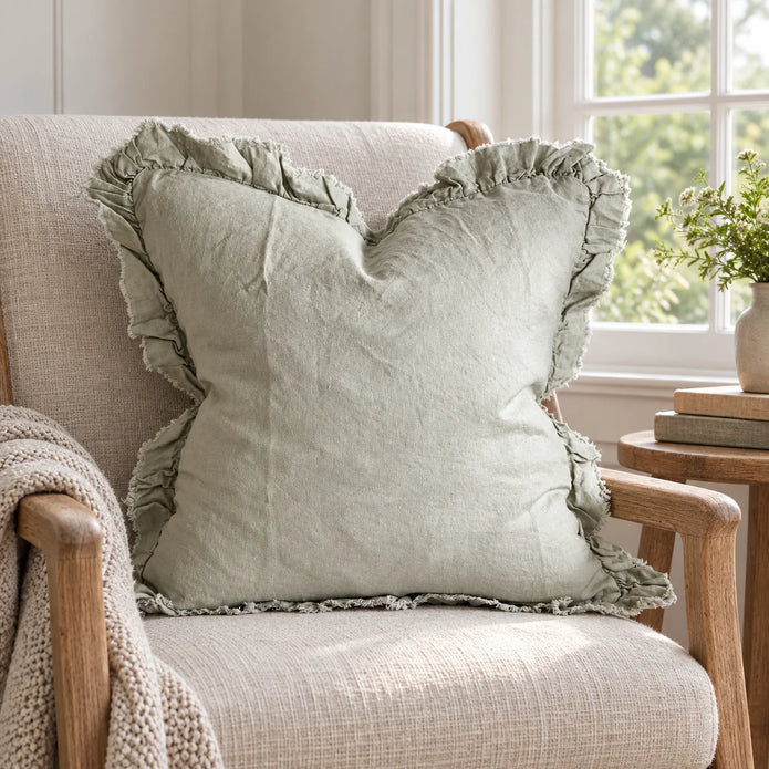 Hallie Sage Green Ruffled Edge Linen Cushion Cover – styled view 2
