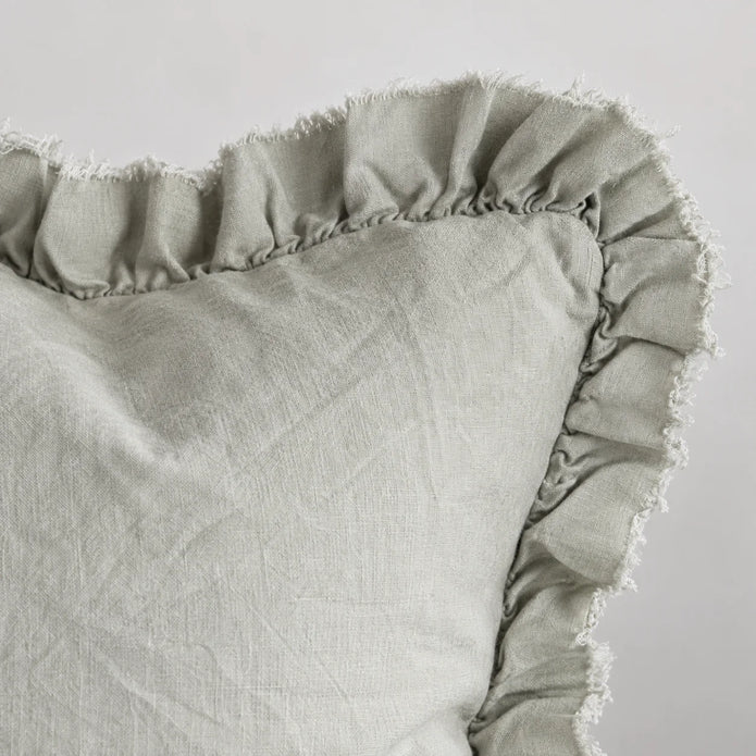 Hallie Sage Green Ruffled Edge Linen Cushion Cover – fabric detail 1