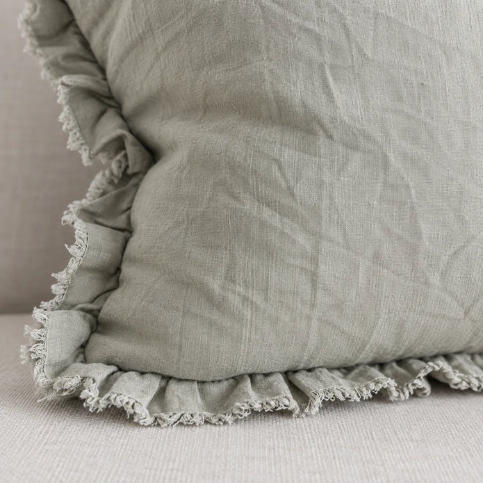 Hallie Sage Green Ruffled Edge Linen Cushion Cover – fabric detail 3