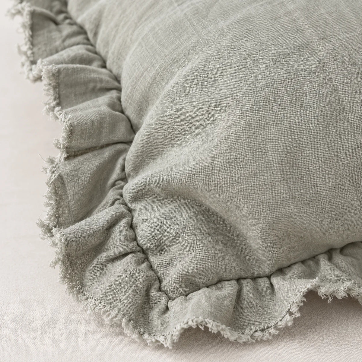 Hallie Sage Green Ruffled Edge Linen Cushion Cover – fabric detail 4
