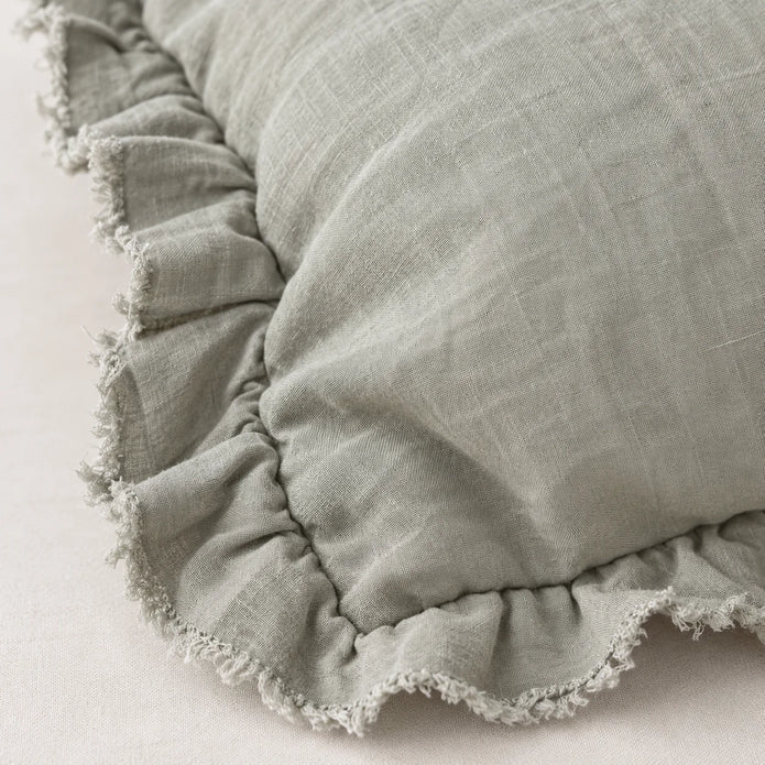 Hallie Sage Green Ruffled Edge Linen Cushion Cover – fabric detail 4