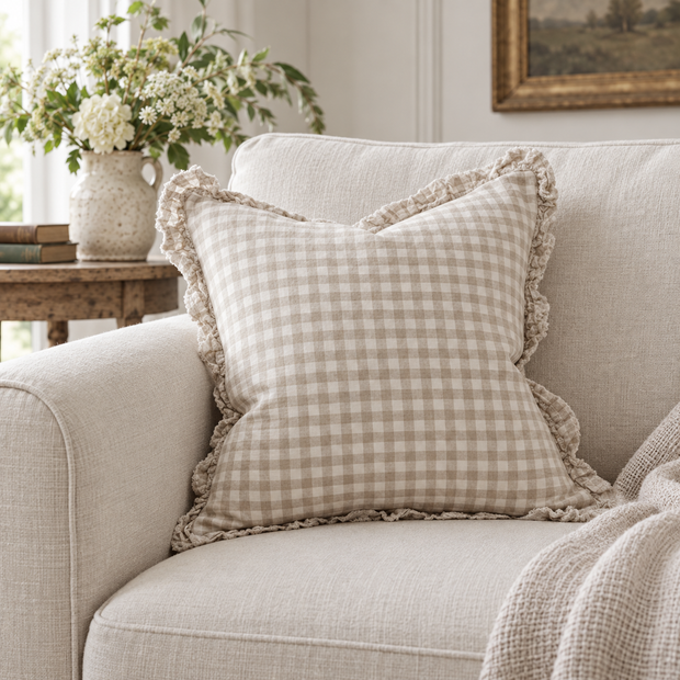 Hallie Beige And White Square Gingham Cotton Cushion Cover – styled view 1
