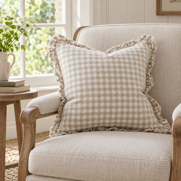 Hallie Beige And White Square Gingham Cotton Cushion Cover – styled view 2