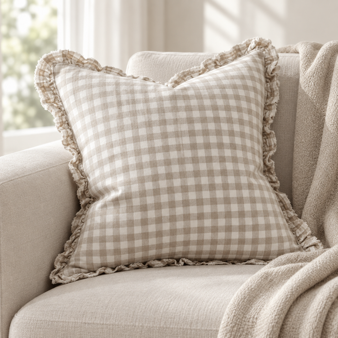 Hallie Beige And White Square Gingham Cotton Cushion Cover – styled view 3