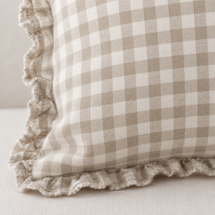 Hallie Beige And White Square Gingham Cotton Cushion Cover – fabric detail 3