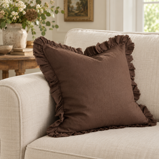 Hallie Dark Brown Ruffle Square Linen Blend Cushion Cover – styled view 1
