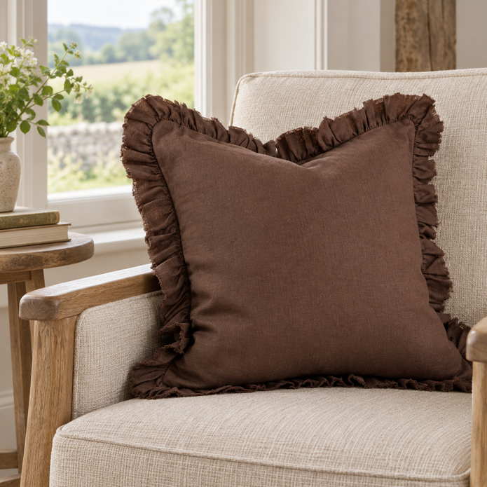 Hallie Dark Brown Ruffle Square Linen Blend Cushion Cover – styled view 2