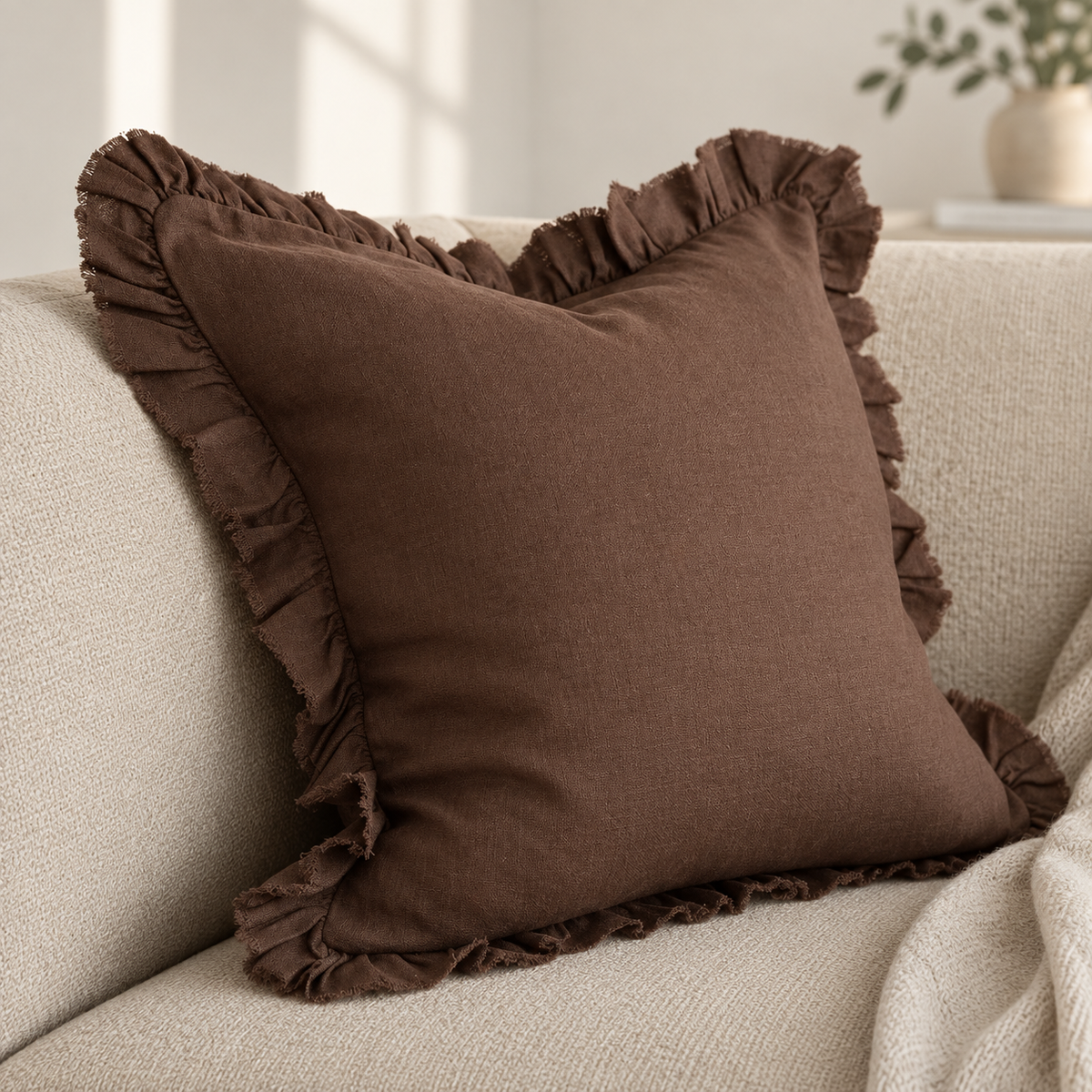 Hallie Dark Brown Ruffle Square Linen Blend Cushion Cover – styled view 3