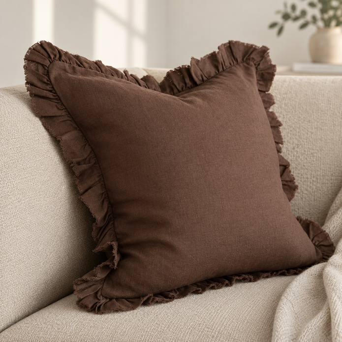 Hallie Dark Brown Ruffle Square Linen Blend Cushion Cover – styled view 3