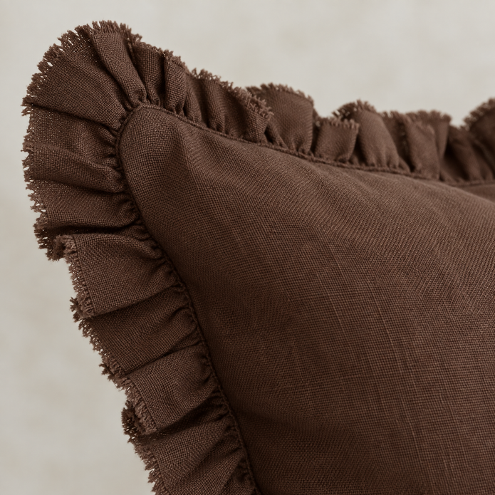 Hallie Dark Brown Ruffle Square Linen Blend Cushion Cover – fabric detail 1
